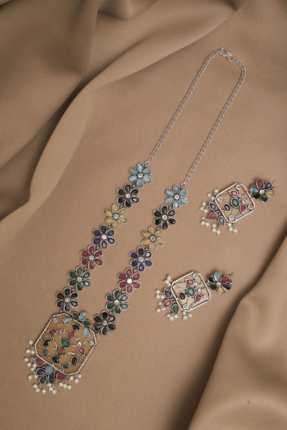 Silver Look-Alike Chain Pendant with Multicolor Cabochon Flowers