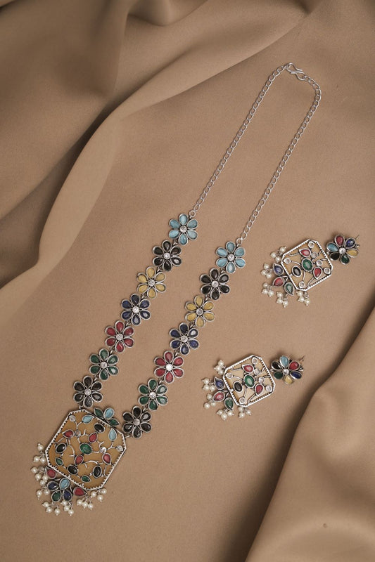 Silver Look-Alike Chain Pendant with Multicolor Cabochon Flowers
