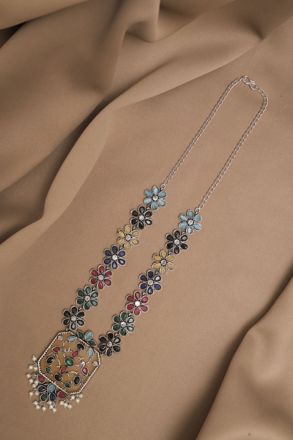 Silver Look-Alike Chain Pendant with Multicolor Cabochon Flowers