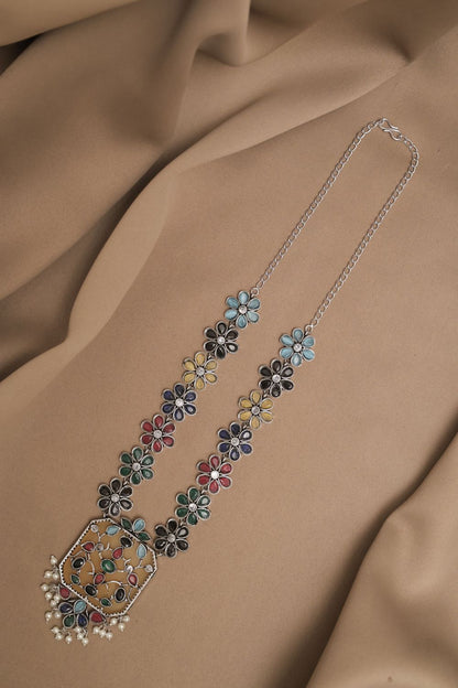 Silver Look-Alike Chain Pendant with Multicolor Cabochon Flowers