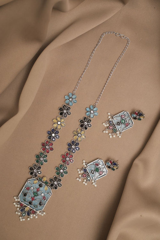 Silver Look-Alike Chain Pendant with Multicolor Cabochon Flowers