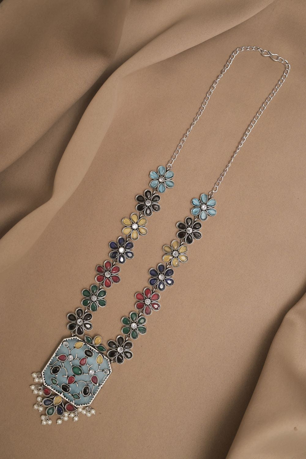 Silver Look-Alike Chain Pendant with Multicolor Cabochon Flowers