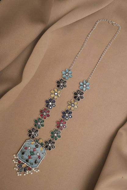 Silver Look-Alike Chain Pendant with Multicolor Cabochon Flowers