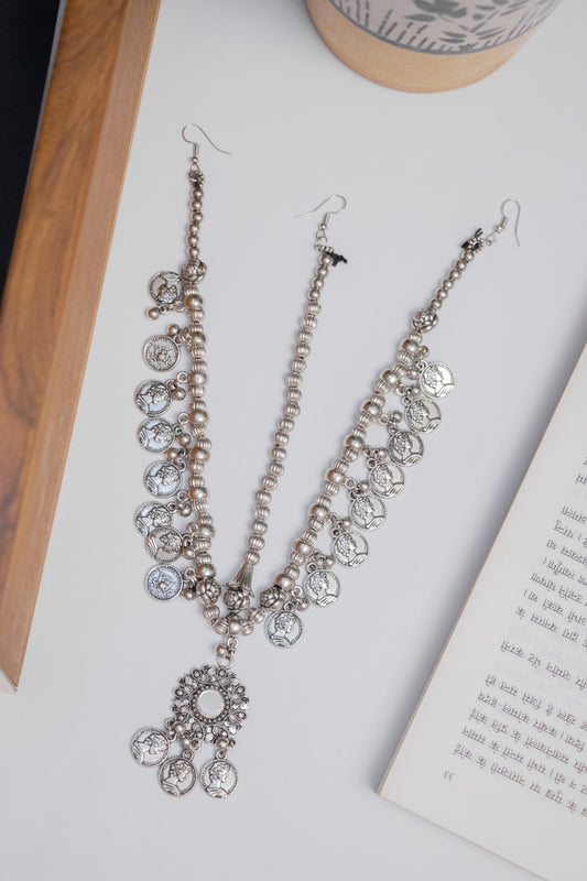 Oxodise Mirror Round Damini with Beaded Chain & Coin Danglers