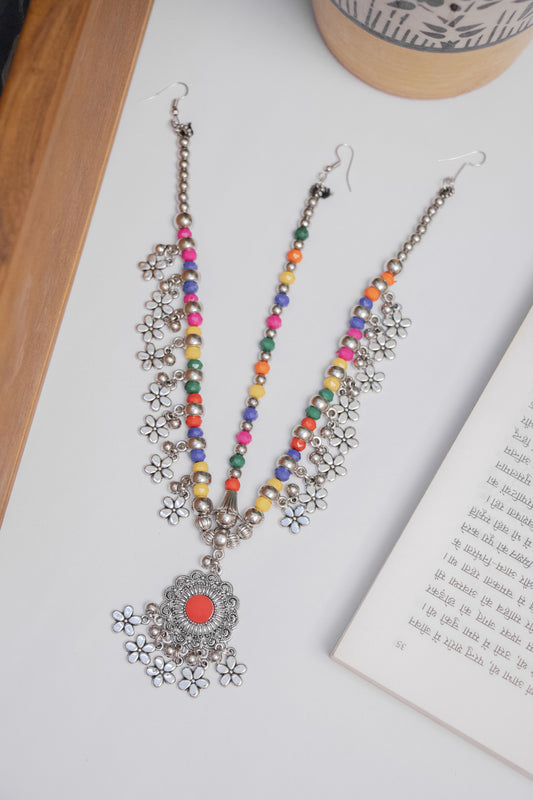 Oxodise Round Damini with Multicolor Beads & Dangling Flowers