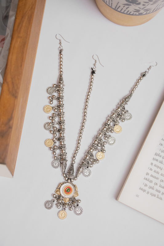 Oxodise Two-Tone Damini with Multicolor Cabochons & Coin Danglers