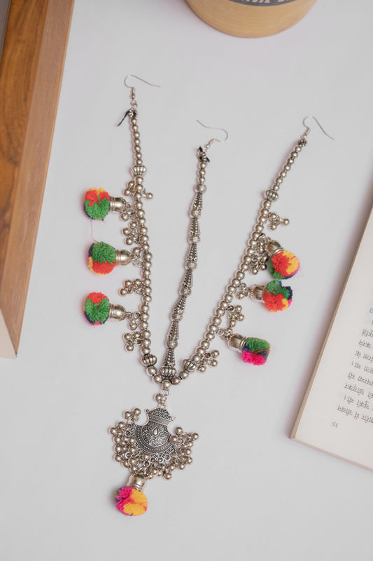Oxodise Pom Pom Damini with Intricate Design & Bell Danglers