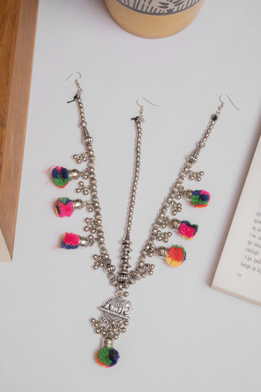 Oxodise Elephant Motif Damini with Hanging Pom Poms