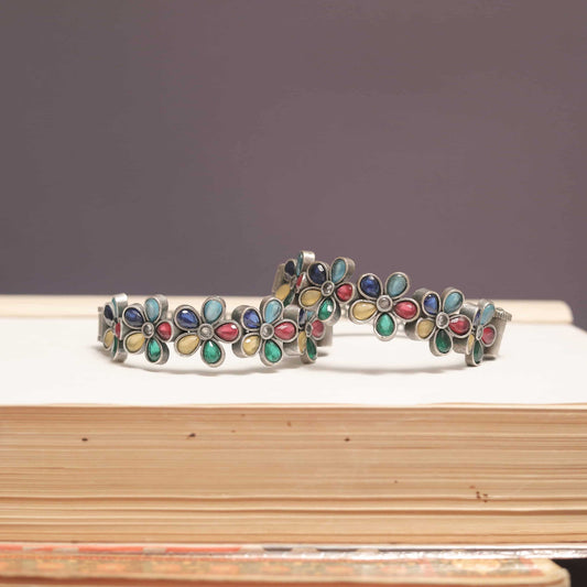 Silver Look-Alike Kada with Multicolor Cabochon Flowers