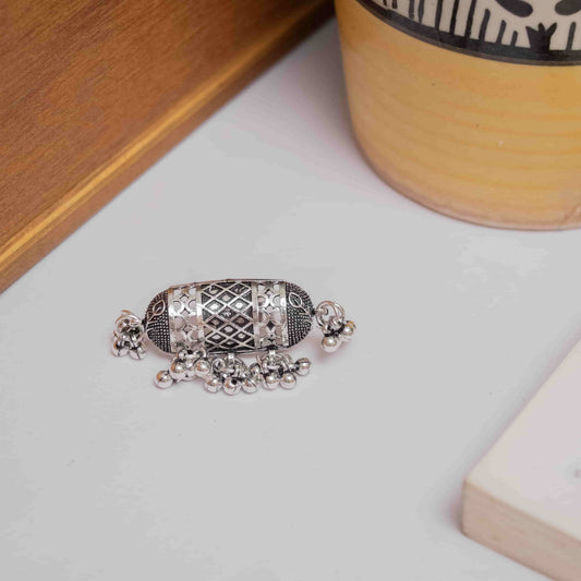 Silver Look-Alike Ring with Filigree Design & Bell Charms