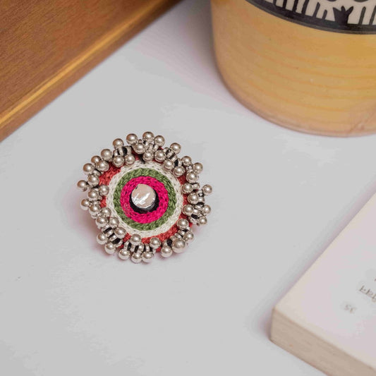 Handcrafted Fabric Mirror Ring with Oxodise Beads