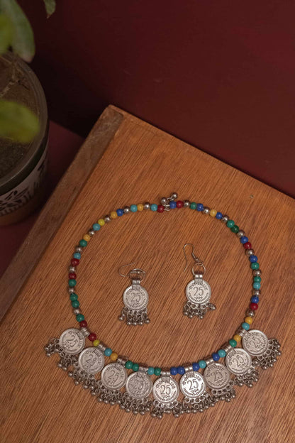 Oxodise Multicolor Beaded Coin Necklace