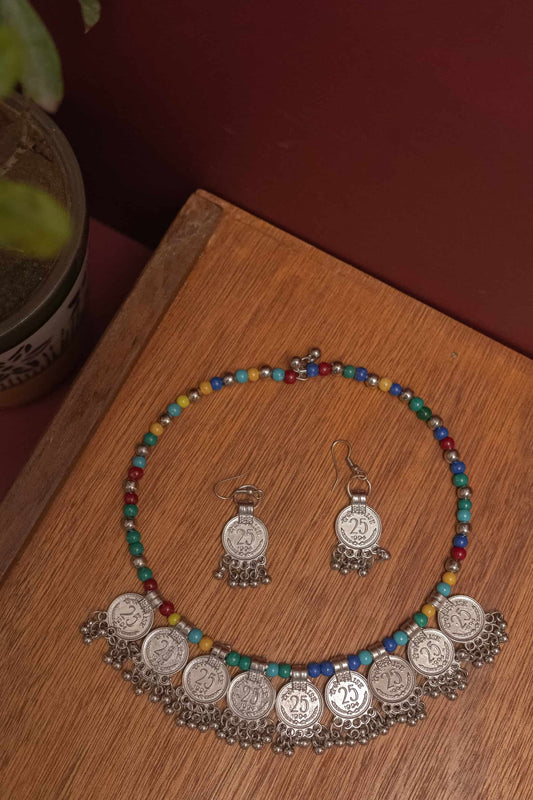 Oxodise Multicolor Beaded Coin Necklace