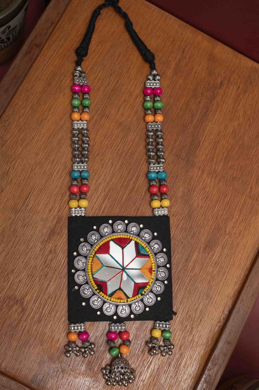 Fabric Lotus Mirror Necklace with Dangling & Colorful Beads