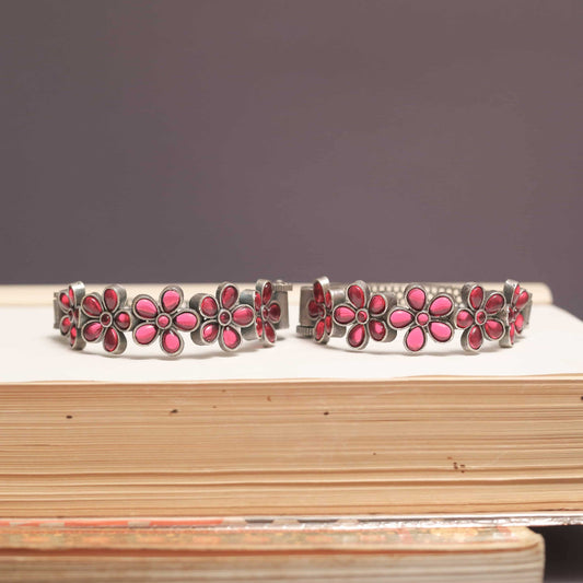 Silver Look-Alike Kada with Multicolor Cabochon Flowers