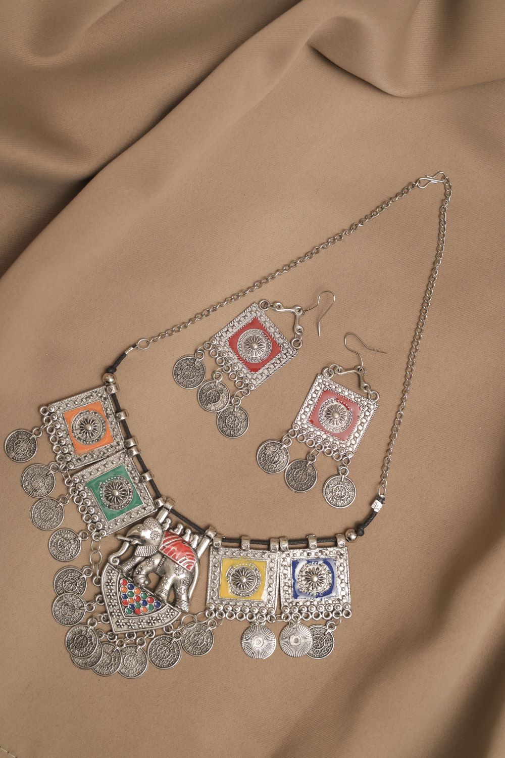 Oxodise Meena Elephant Motif Necklace with Coin Charms
