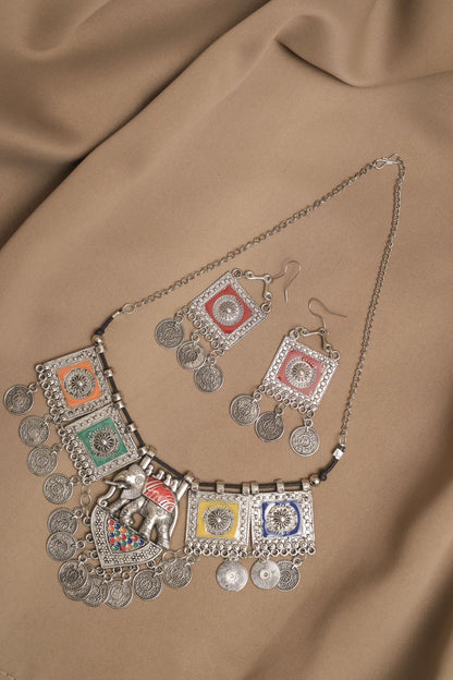 Oxodise Meena Elephant Motif Necklace with Coin Charms