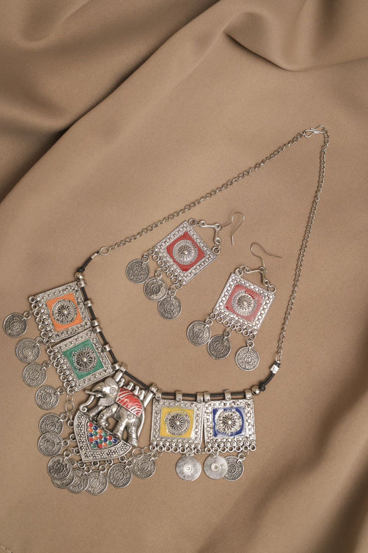 Oxodise Meena Elephant Motif Necklace with Coin Charms
