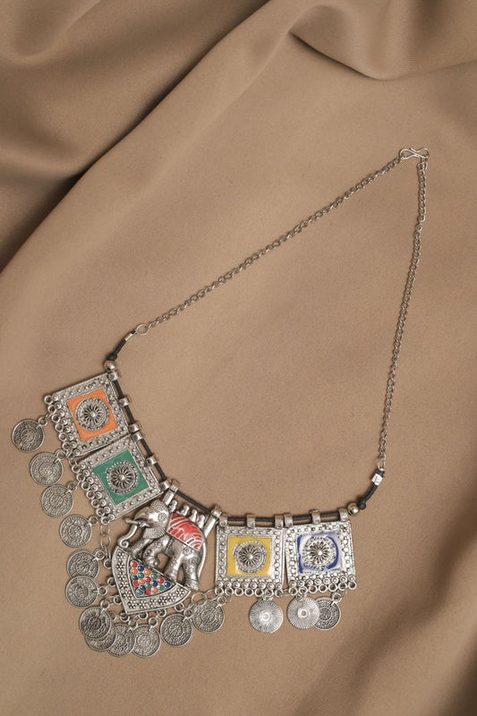 Oxodise Meena Elephant Motif Necklace with Coin Charms