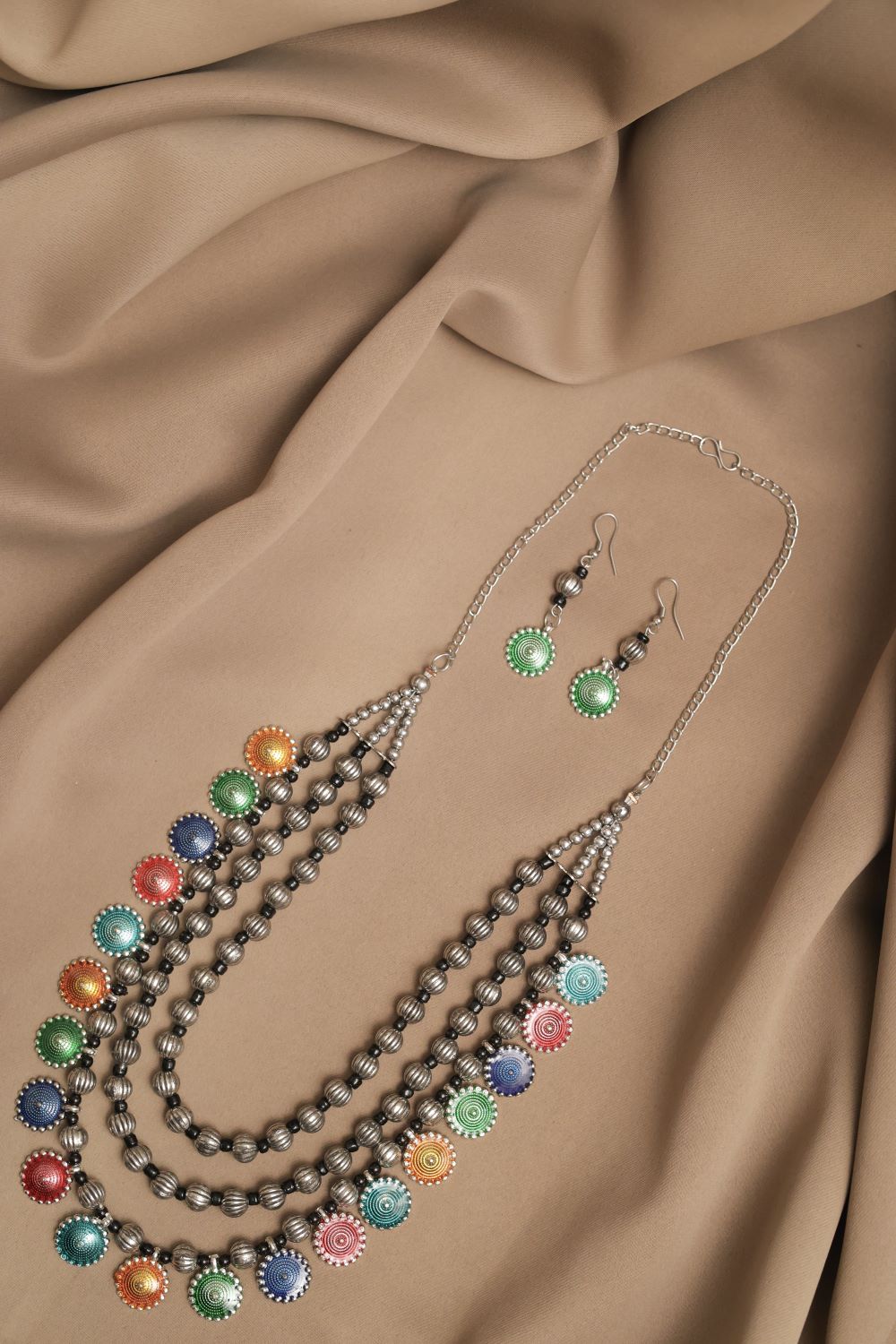 Oxodise Beads Chain Necklace with Hanging Meenakari Discs