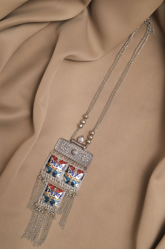 Oxodise Floral Chain Pendant with Dangling Silver Tassels