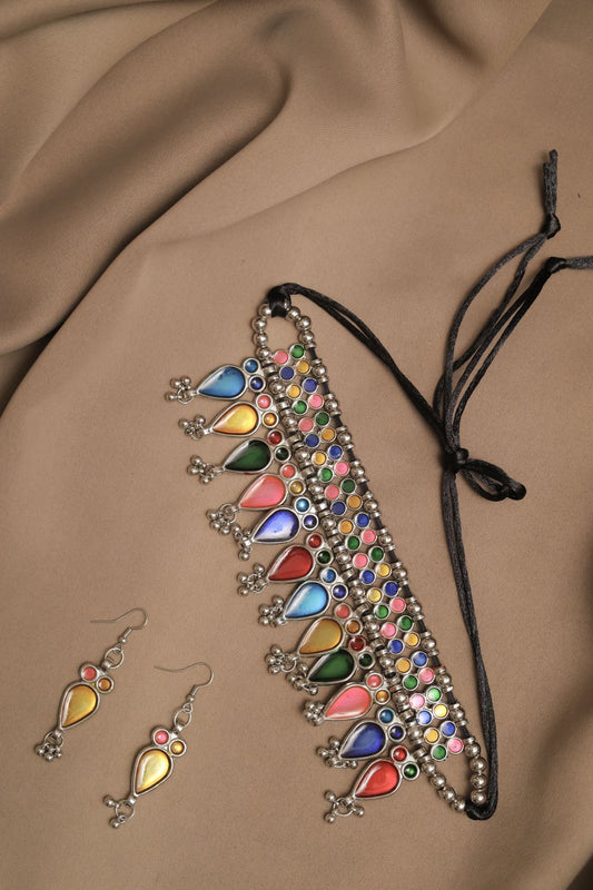 Oxodise Meena Necklace with Multicolor Cabochons Tear Drops