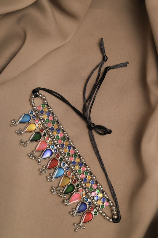 Oxodise Meena Necklace with Multicolor Cabochons Tear Drops