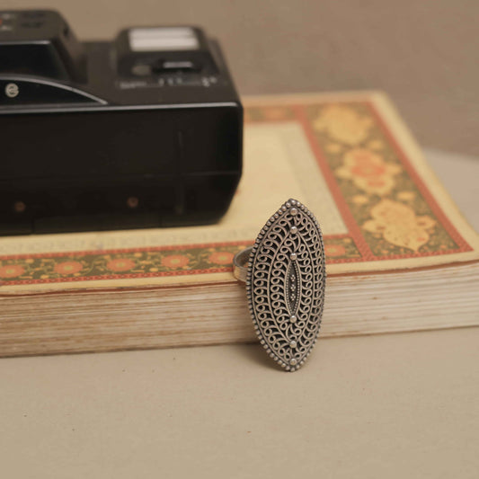 Antique SIlver Look-ALike  Long Ring with Ornate Carved Design