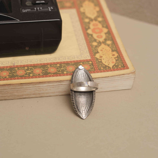 Antique SIlver Look-ALike  Long Ring with Ornate Carved Design