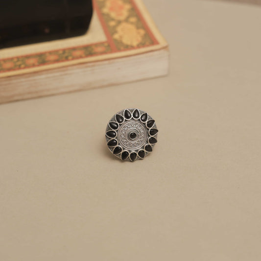 Silver Look-ALike  Mandala Design Ring with Multicolor Petal Cabochons