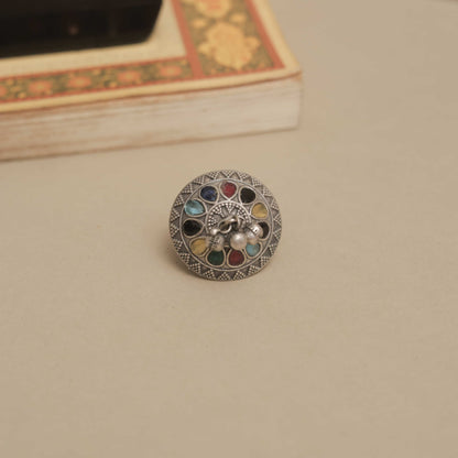 Silver Look-Alike Ring with Dangling Beads and Colored Petals