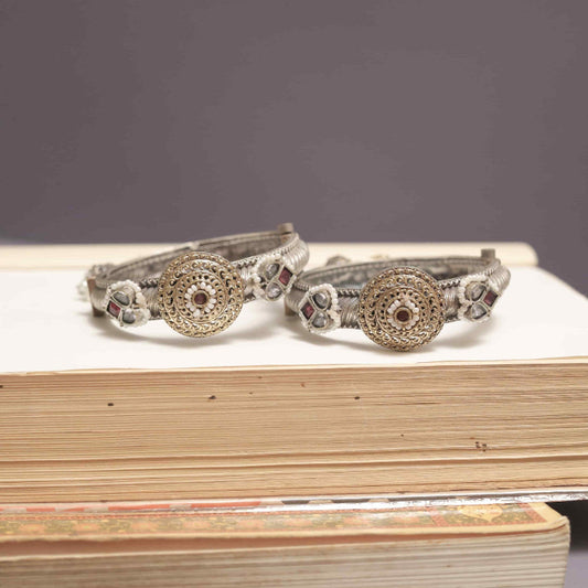 Silver Look-Alike Two Tone Kada with Cabochons & Jhumkas (2 Sizes)
