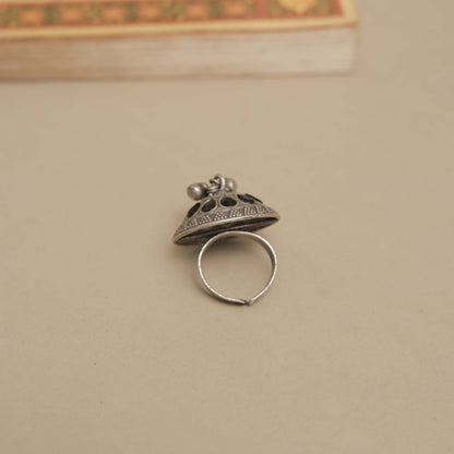 Silver Look-Alike Ring with Dangling Beads and Colored Petals