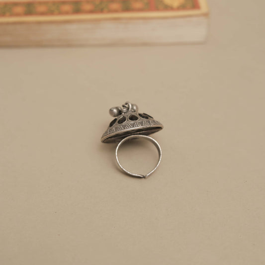 Silver Look-Alike Ring with Dangling Beads and Colored Petals