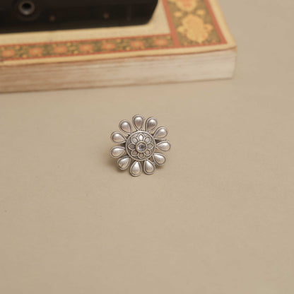 Silver Look-Alike Ring with Teardrop Petals & Multicolor Cabochon