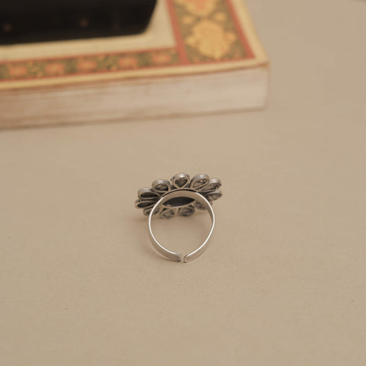 Silver Look-Alike Ring with Teardrop Petals & Multicolor Cabochon