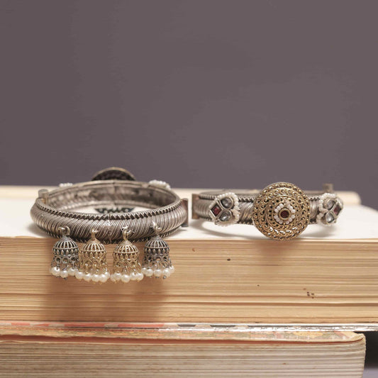Silver Look-Alike Two Tone Kada with Cabochons & Jhumkas (2 Sizes)