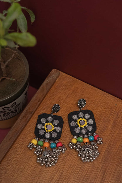 Fabric Lotus Mirror Necklace with Dangling & Colorful Beads