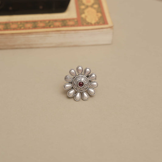 Silver Look-Alike Ring with Teardrop Petals & Multicolor Cabochon