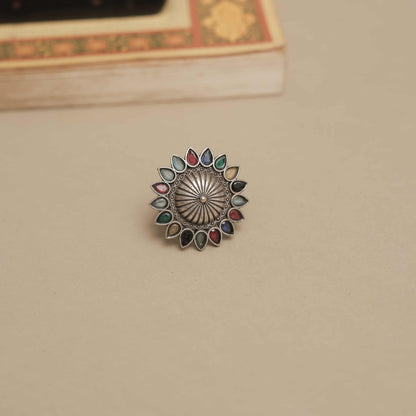 Silver Look-ALike Sunburst Design Ring with Multicolor Petal Cabochons