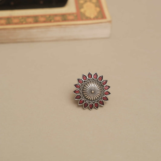 Silver Look-ALike Sunburst Design Ring with Multicolor Petal Cabochons