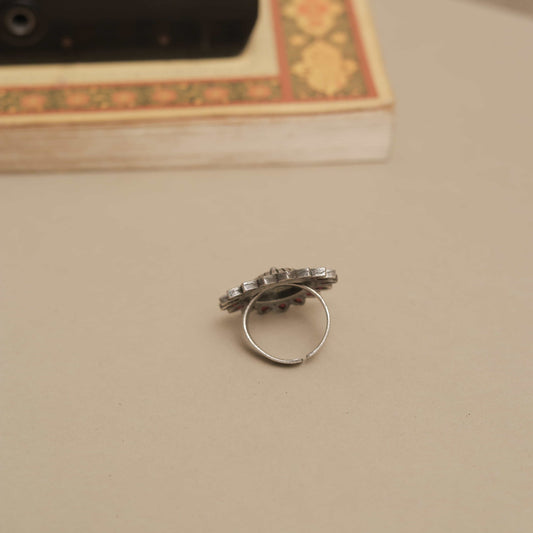 Silver Look-ALike Sunburst Design Ring with Multicolor Petal Cabochons