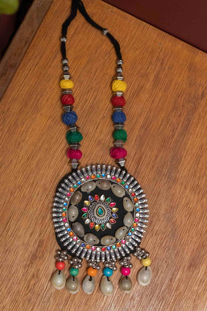 Fabric Kodi Necklace with Round Charm & Multicolor Stone