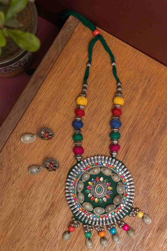 Fabric Kodi Necklace with Round Charm & Multicolor Stone