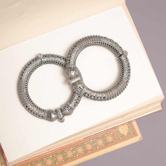 Silver Look-Alike Kada with Geometric Jaali & Ribbed Dome Accents