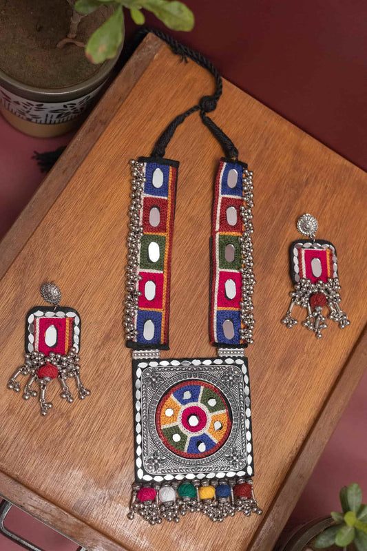 Colorful Oxodise Mirror Fabric Necklace with Dangling Beads