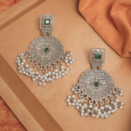 Silver Look-Alike Earring with Hanging Beads & Square Stone Stud