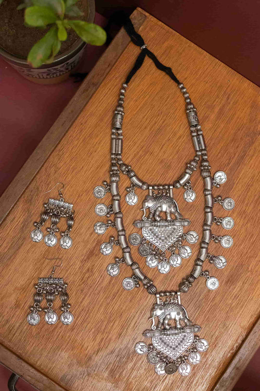 Oxodise Silver Elephant & Coin Double-Layer Necklace