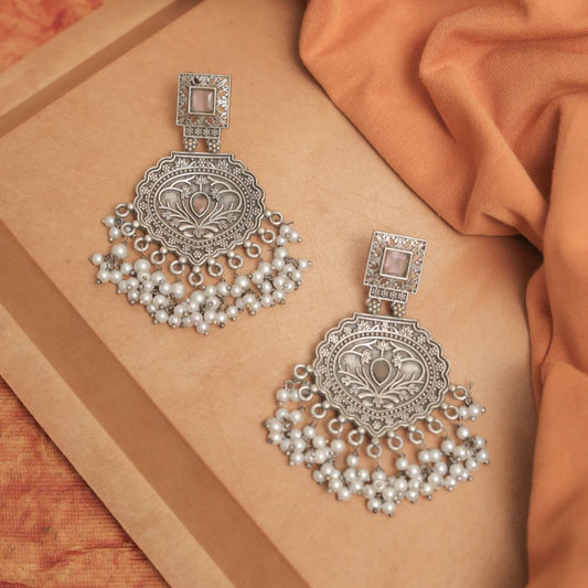 Silver Look-Alike Earring with Hanging Beads & Square Stone Stud