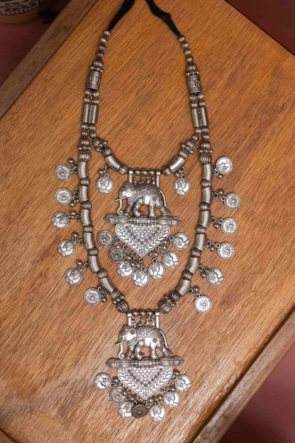 Oxodise Silver Elephant & Coin Double-Layer Necklace